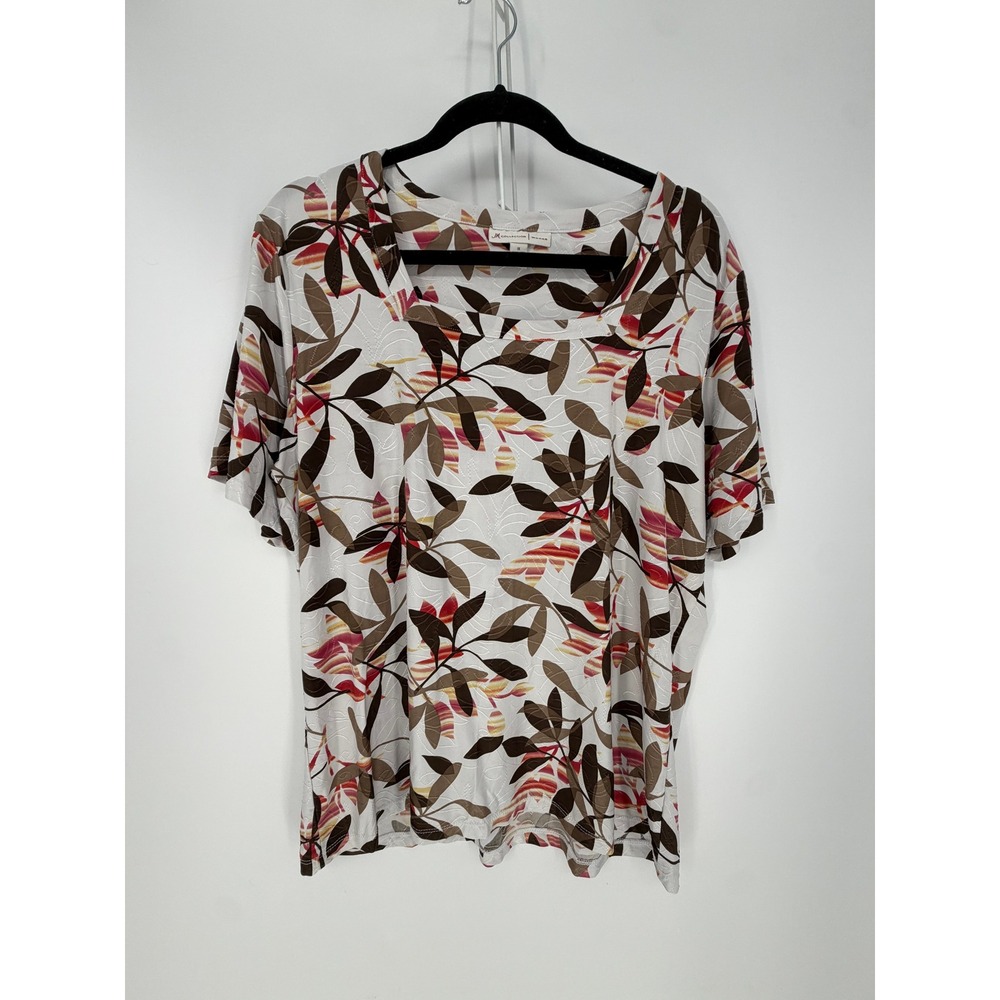 JM Collection Top Womens 1X White Floral Leaf Square Neck Short Sleeve Casual